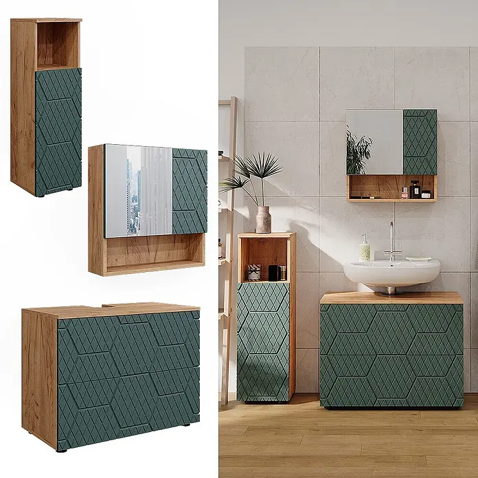 Vicco Badmöbel-Set Irma Grün/Goldkraft Eiche 3 Teile, mit Midischrank - Gesamtbreite Badmöbel: 110 cm, Grün, Matt - Modernes Badezimmermöbel-Set aus Holz und Dunkelgrün mit strukturierten Fronten, bestehend aus Hochschrank, Spiegelschrank und Waschbeckenunterschrank.