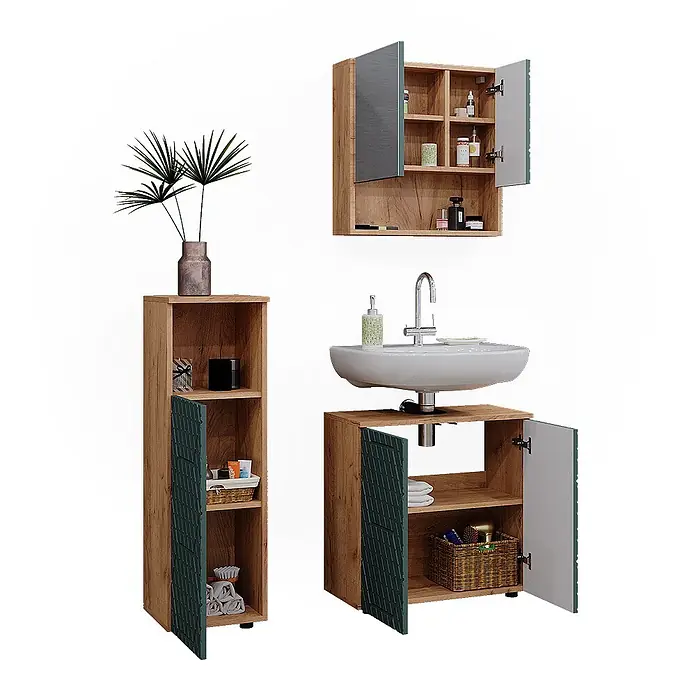 Vicco Badmöbel-Set Irma Grün/Goldkraft Eiche 3 Teile - Gesamtbreite Badmöbel: 90 cm, Grün, Matt - Badmöbelset mit Holzoptik-Schränken und dunkelgrünen Strukturtüren, bestehend aus Waschbeckenunterschrank, Hochschrank und Spiegelschrank.