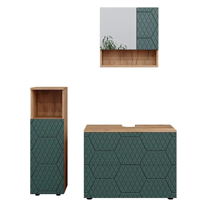 Vicco Badmöbel-Set Irma Grün/Goldkraft Eiche 3 Teile, mit Midischrank - Gesamtbreite Badmöbel: 110 cm, Grün, Matt - Dunkelgrüne Badmöbelgarnitur mit Rautenmusterfronten und Holzakzenten.