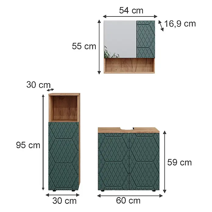 Vicco Badmöbel-Set Irma Grün/Goldkraft Eiche 3 Teile - Gesamtbreite Badmöbel: 90 cm, Grün, Matt - Badezimmermöbel-Set mit Holzoptik und dunkelgrünen, gemusterten Fronten, bestehend aus Spiegelschrank, Hochschrank und Waschtischunterschrank.