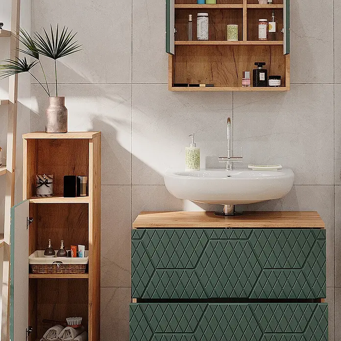 Vicco Badmöbel-Set Irma Grün/Goldkraft Eiche 3 Teile, mit Midischrank - Gesamtbreite Badmöbel: 110 cm, Grün, Matt - Dunkelgrüner Waschtischunterschrank mit Rautenmuster, Holzplatte und integriertem weißen Waschbecken im modernen Bad.