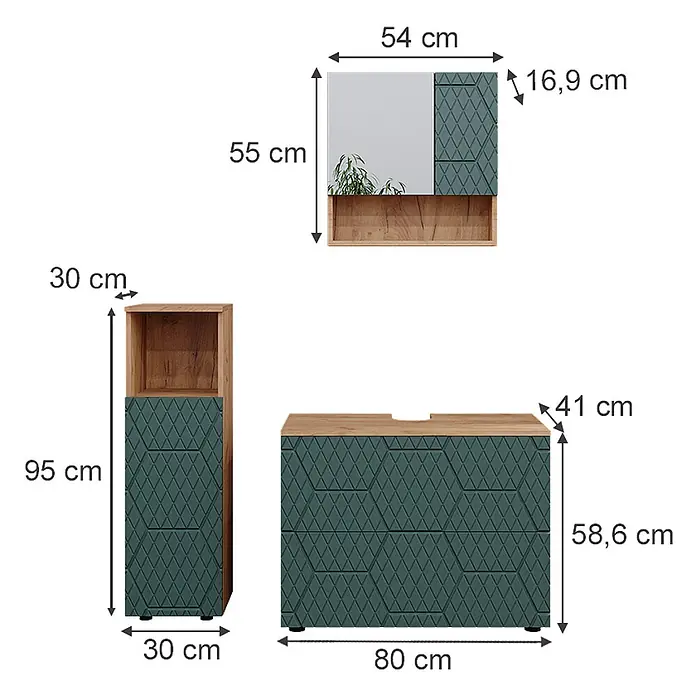 Vicco Badmöbel-Set Irma Grün/Goldkraft Eiche 3 Teile, mit Midischrank - Gesamtbreite Badmöbel: 110 cm, Grün, Matt - Petrolfarbenes Badmöbel-Set mit geometrischem Muster: Spiegelschrank, Hochschrank und Waschtischunterschrank mit Holzdetails.