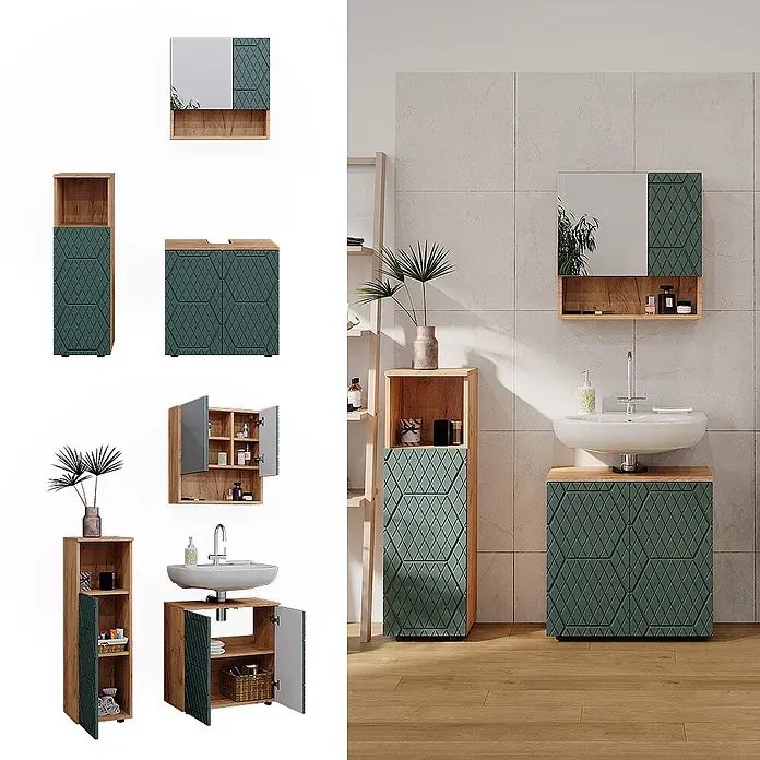 Vicco Badmöbel-Set Irma Grün/Goldkraft Eiche 3 Teile - Gesamtbreite Badmöbel: 90 cm, Grün, Matt - Badezimmermöbelset aus Holz mit dunkelgrünen Türen im Rautenmuster: Hochschrank, Waschtischunterschrank mit Waschbecken und Spiegelschrank.