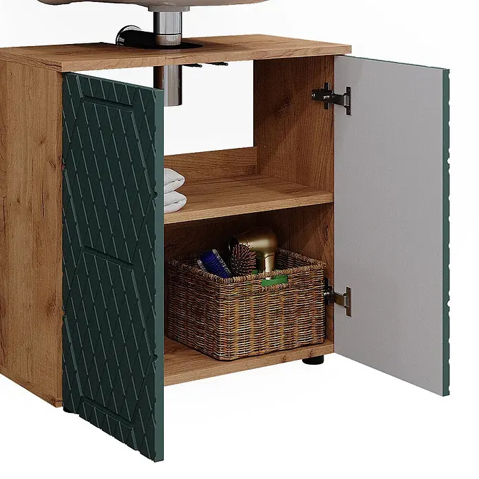 Vicco Badmöbel-Set Irma Grün/Goldkraft Eiche 3 Teile - Gesamtbreite Badmöbel: 90 cm, Grün, Matt - Waschbeckenunterschrank in Holzoptik mit dunkelgrüner gemusterter und hellgrauer Tür, mit Regal und Aufbewahrungskorb.