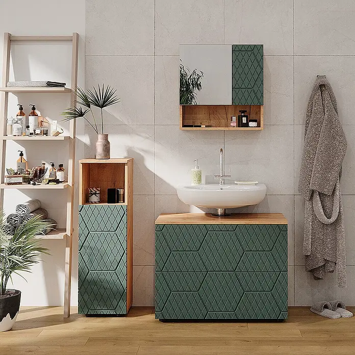 Vicco Badmöbel-Set Irma Grün/Goldkraft Eiche 3 Teile, mit Midischrank - Gesamtbreite Badmöbel: 110 cm, Grün, Matt - Modernes dunkelgrünes Badmöbel-Set mit geometrischem Muster und Holzdetails, bestehend aus Waschtisch, Spiegelschrank und Hochschrank.