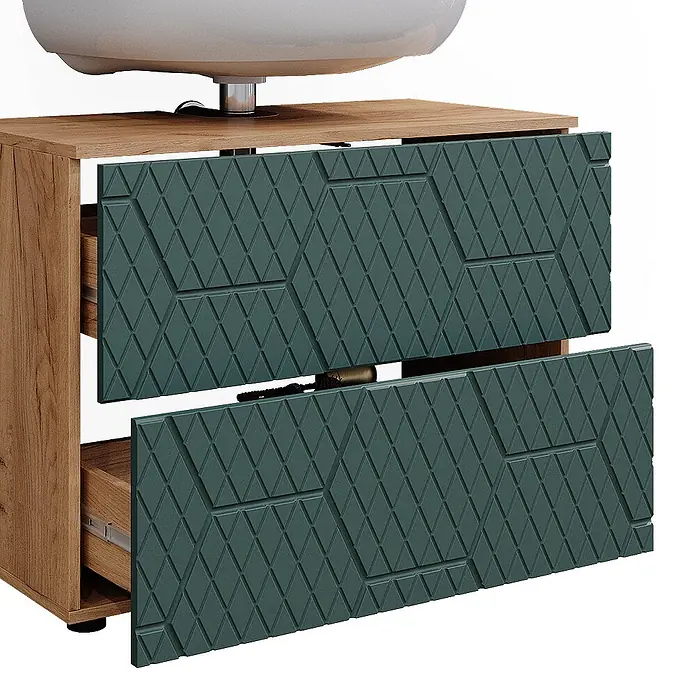 Vicco Badmöbel-Set Irma Grün/Goldkraft Eiche 3 Teile, mit Midischrank - Gesamtbreite Badmöbel: 110 cm, Grün, Matt - Helles Holz-Waschtischunterschrank mit zwei dunkelgrünen, geometrisch gemusterten, leicht geöffneten Schubladen.