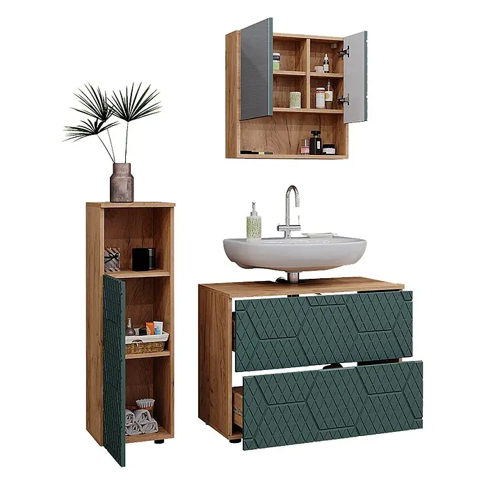 Vicco Badmöbel-Set Irma Grün/Goldkraft Eiche 3 Teile, mit Midischrank - Gesamtbreite Badmöbel: 110 cm, Grün, Matt - Badezimmermöbel-Set in Holzoptik mit dunkelgrünem geometrischem Muster, inkl. Waschtischunterschrank, Hochschrank und Spiegelschrank.