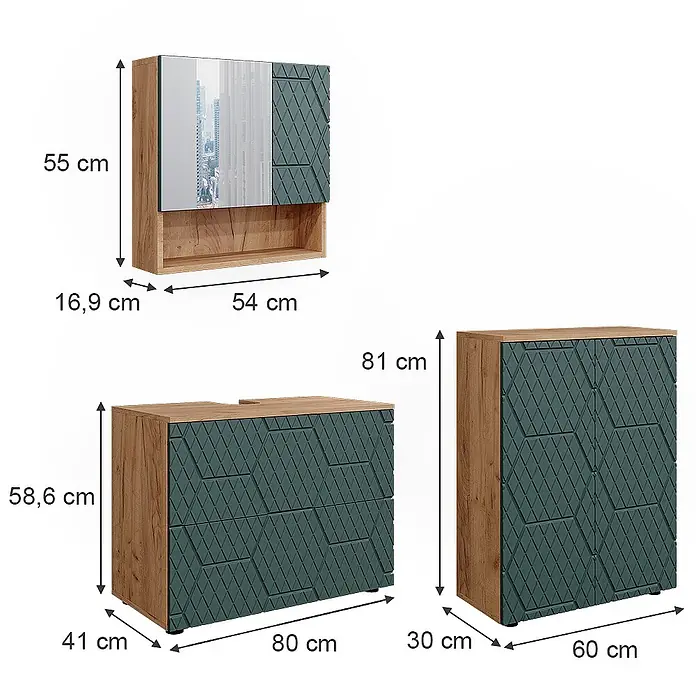 Vicco Badmöbel-Set Irma Grün/Goldkraft Eiche 3 Teile, mit Unterschrank 80 cm - Gesamtbreite Badmöbel: 140 cm, Grün, Matt - Drei Holzmöbelstücke mit dunkelgrünen, geometrisch gemusterten Fronten: ein Hängeschrank, eine Kommode und ein Hochschrank, mit Maßen.