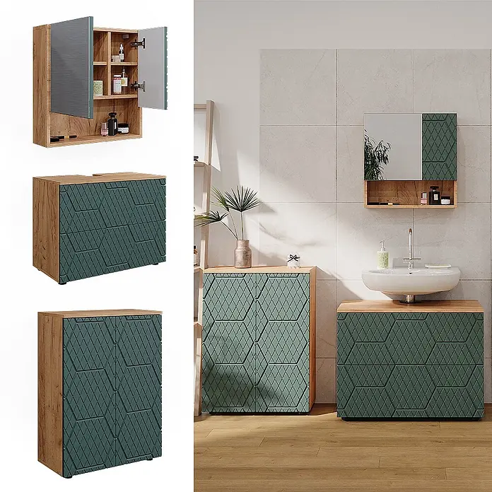Vicco Badmöbel-Set Irma Grün/Goldkraft Eiche 3 Teile, mit Unterschrank 80 cm - Gesamtbreite Badmöbel: 140 cm, Grün, Matt - Badezimmer-Möbelset: Spiegelschrank und zwei Holz-Dunkelgrün-gemusterte Schränke, einer als Waschtischunterschrank.