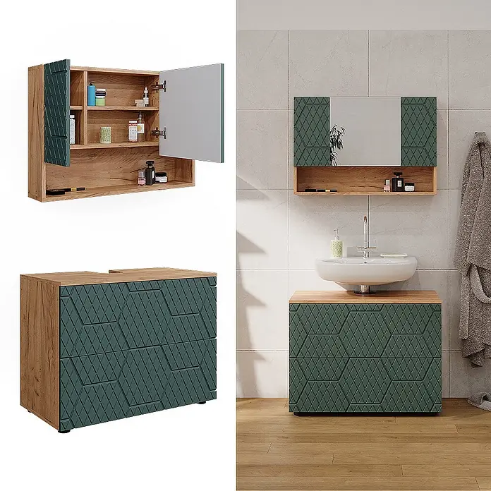 Vicco Badmöbel-Set Irma Grün/Goldkraft Eiche 2 Teile, Unterschrank 80 cm - Gesamtbreite Badmöbel: 80 cm, Grün, Matt - Badmöbel-Set aus Holzoptik mit dunkelgrünen, geometrisch gemusterten Fronten; Spiegelschrank und Waschbeckenunterschrank.