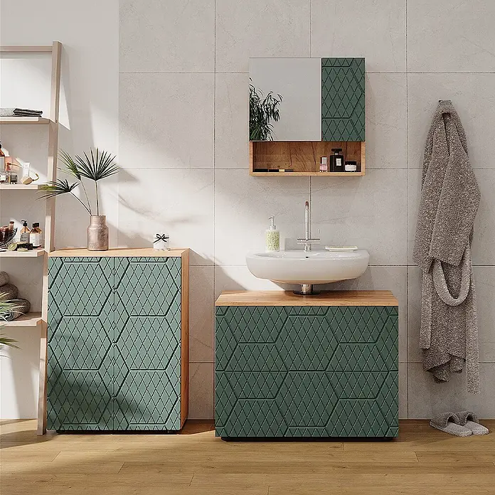 Vicco Badmöbel-Set Irma Grün/Goldkraft Eiche 3 Teile, mit Unterschrank 80 cm - Gesamtbreite Badmöbel: 140 cm, Grün, Matt - Grünes Badmöbel-Set mit Rautenmuster-Schränken, Waschtischunterschrank und passendem Spiegelschrank, alle mit Holzdetails.