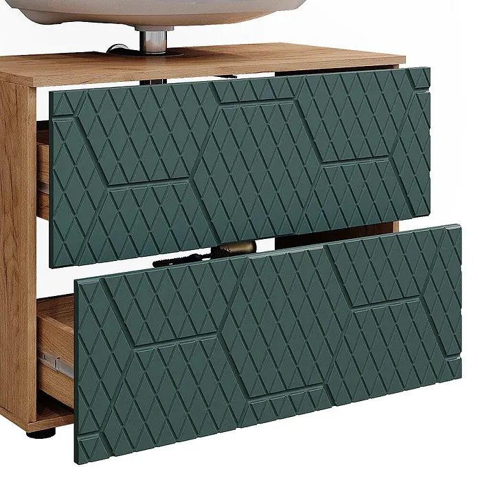 Vicco Badmöbel-Set Irma Grün/Goldkraft Eiche 3 Teile, mit Unterschrank 80 cm - Gesamtbreite Badmöbel: 140 cm, Grün, Matt - Zweischubladen-Badezimmerschrank mit Holzrahmen und dunkelgrün strukturierten, rautenförmigen Schubladenfronten, leicht geöffnet.