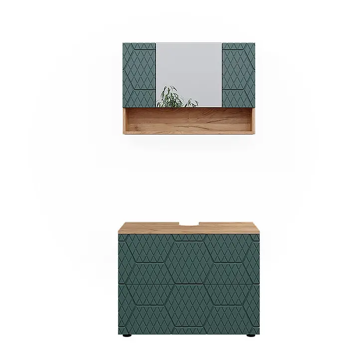 Vicco Badmöbel-Set Irma Grün/Goldkraft Eiche 2 Teile, Unterschrank 80 cm - Gesamtbreite Badmöbel: 80 cm, Grün, Matt - Zweiteiliges petrolfarbenes Badmöbelset mit geometrischem Muster und Holzdetails, bestehend aus Spiegelschrank und Waschtischunterschrank.