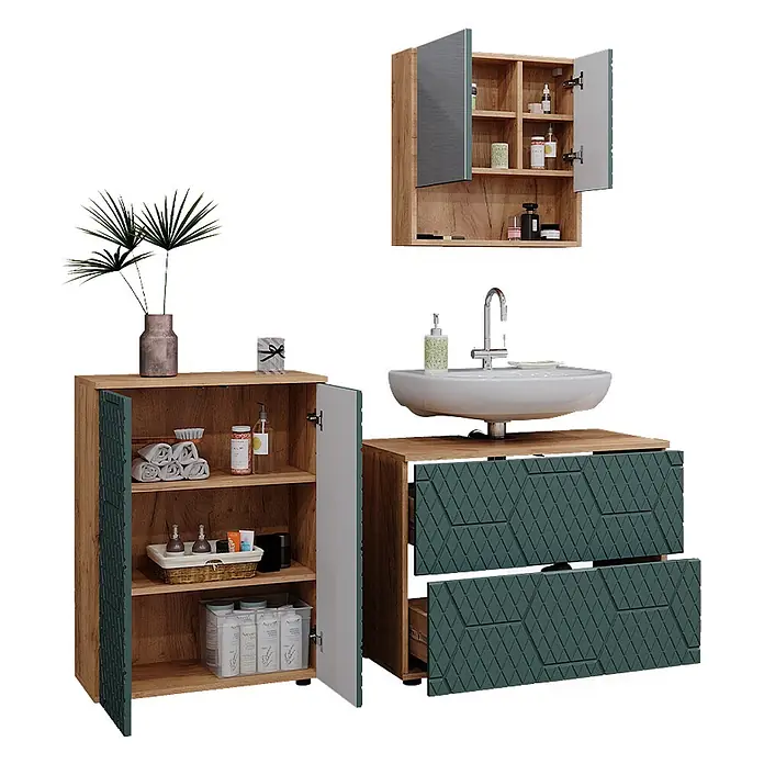 Vicco Badmöbel-Set Irma Grün/Goldkraft Eiche 3 Teile, mit Unterschrank 80 cm - Gesamtbreite Badmöbel: 140 cm, Grün, Matt - Badezimmermöbel-Set in Holzoptik mit dunkelgrünen gemusterten Fronten, inkl. Spiegelschrank, Badschrank und Waschtisch mit Waschbecken.