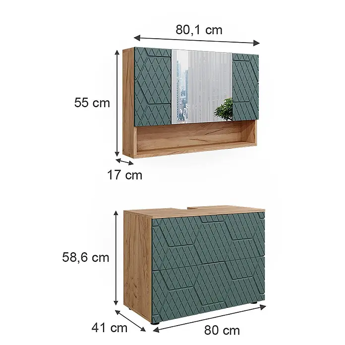 Vicco Badmöbel-Set Irma Grün/Goldkraft Eiche 2 Teile, Unterschrank 80 cm - Gesamtbreite Badmöbel: 80 cm, Grün, Matt - Zweiteiliges Badmöbel-Set: Spiegelschrank und Unterschrank in Holzoptik mit strukturierten petrolfarbenen Fronten.