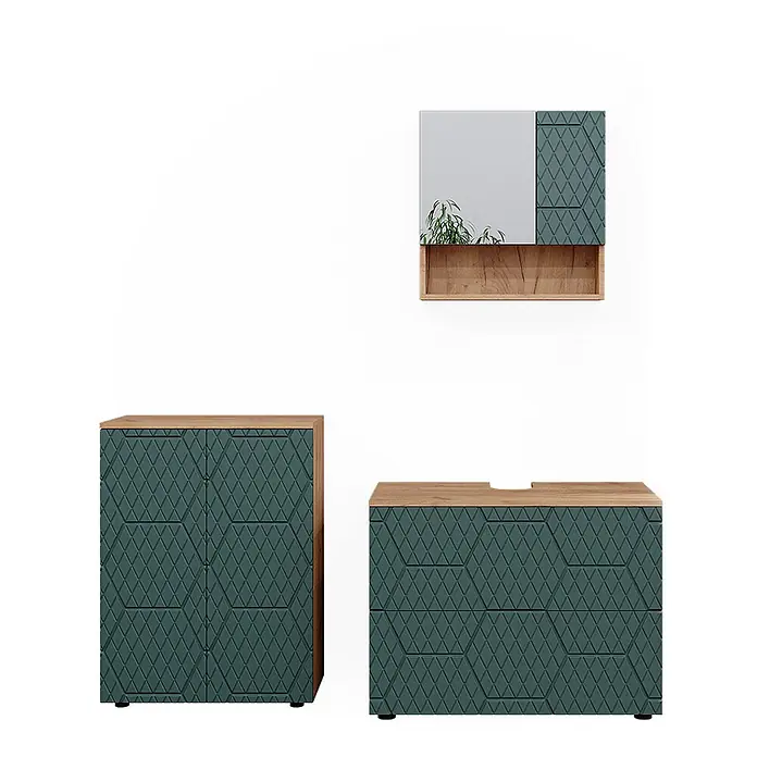 Vicco Badmöbel-Set Irma Grün/Goldkraft Eiche 3 Teile, mit Unterschrank 80 cm - Gesamtbreite Badmöbel: 140 cm, Grün, Matt - Set aus dunkelgrünen Badmöbeln mit Muster: Spiegelschrank, Hochschrank und Waschtischunterschrank mit heller Holzplatte.