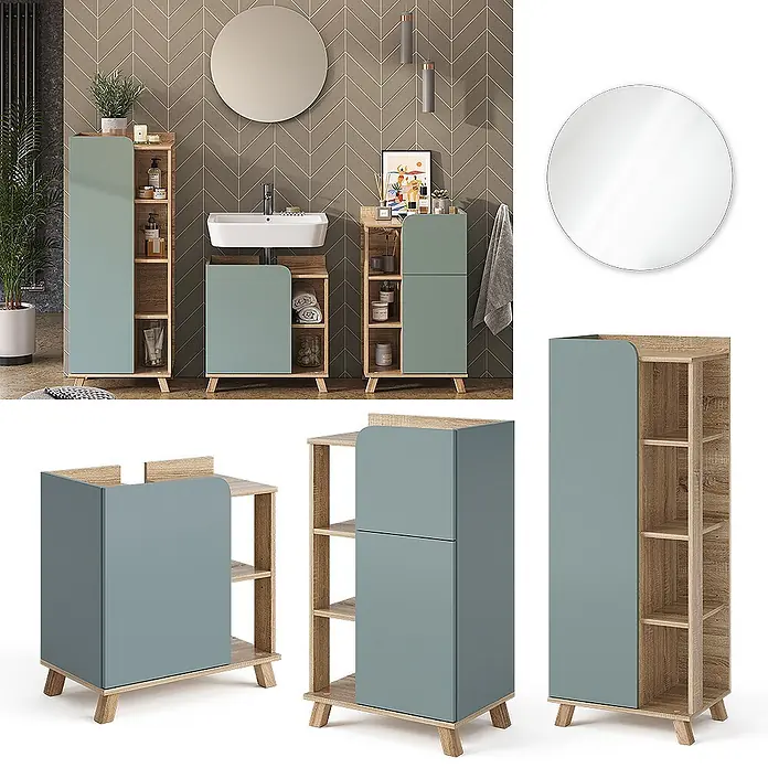 Vicco Badmöbel-Set Karen Sonoma/Blau 4 Teile - Gesamtbreite Badmöbel: 160 cm, Sonoma, Matt - Modernes Badmöbel-Set aus hellem Holz und graublauen Platten, mit Waschbeckenunterschrank, Hochschrank und Rundspiegel.