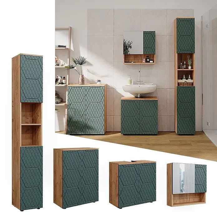 Vicco Badmöbel-Set Irma Grün/Goldkraft Eiche 4 Teile, mit Hochschrank und Kommode - Gesamtbreite Badmöbel: 150 cm, Grün, Matt - Modernes Badmöbel-Set: Holzrahmen, dunkelgrüne Rautenmuster-Paneele. Hoher, breiter, Waschbecken- und Spiegelschrank.