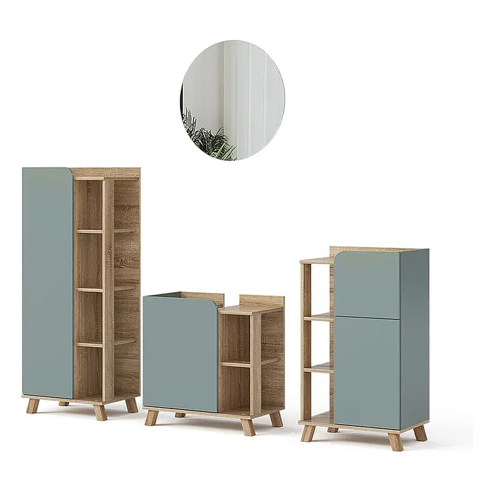 Vicco Badmöbel-Set Karen Sonoma/Blau 4 Teile - Gesamtbreite Badmöbel: 160 cm, Sonoma, Matt - Drei modulare Möbelstücke in hellem Holz und Salbeigrün, mit Regalen und Türen, kombiniert mit einem runden Spiegel.