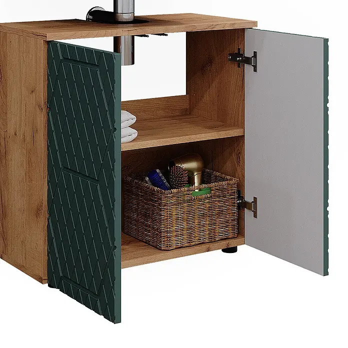Vicco Badmöbel-Set Irma Grün/Goldkraft Eiche 4 Teile, mit Hochschrank und Kommode - Gesamtbreite Badmöbel: 150 cm, Grün, Matt - Badezimmerschrank in Holzoptik mit dunkelgrüner gemusterter Tür und hellgrauer Tür, bietet Ablagen.