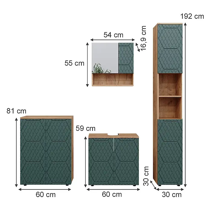 Vicco Badmöbel-Set Irma Grün/Goldkraft Eiche 4 Teile, mit Hochschrank und Kommode - Gesamtbreite Badmöbel: 150 cm, Grün, Matt - Badezimmermöbel-Set in Holzoptik mit dunkelgrünen gemusterten Fronten, bestehend aus Hochschrank, Waschtischunterschrank, Spiegelschrank und Seitenschrank.