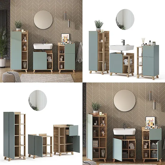 Vicco Badmöbel-Set Karen Sonoma/Blau 4 Teile - Gesamtbreite Badmöbel: 160 cm, Sonoma, Matt - Salbeigrüne und hellbraune modulare Badmöbelgarnitur mit Waschtisch, Hochschrank und Aufbewahrungsschränken.