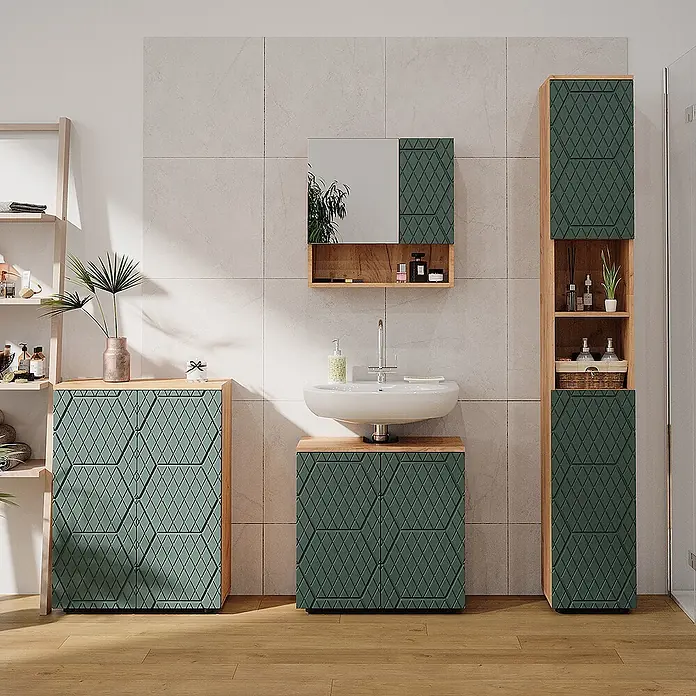 Vicco Badmöbel-Set Irma Grün/Goldkraft Eiche 4 Teile, mit Hochschrank und Kommode - Gesamtbreite Badmöbel: 150 cm, Grün, Matt - Modernes Badmöbel-Set mit Holz-Effektrahmen und dunkelgrünen, texturierten Rautenfronten, inklusive Hochschrank, Waschtisch und Beistellschrank.