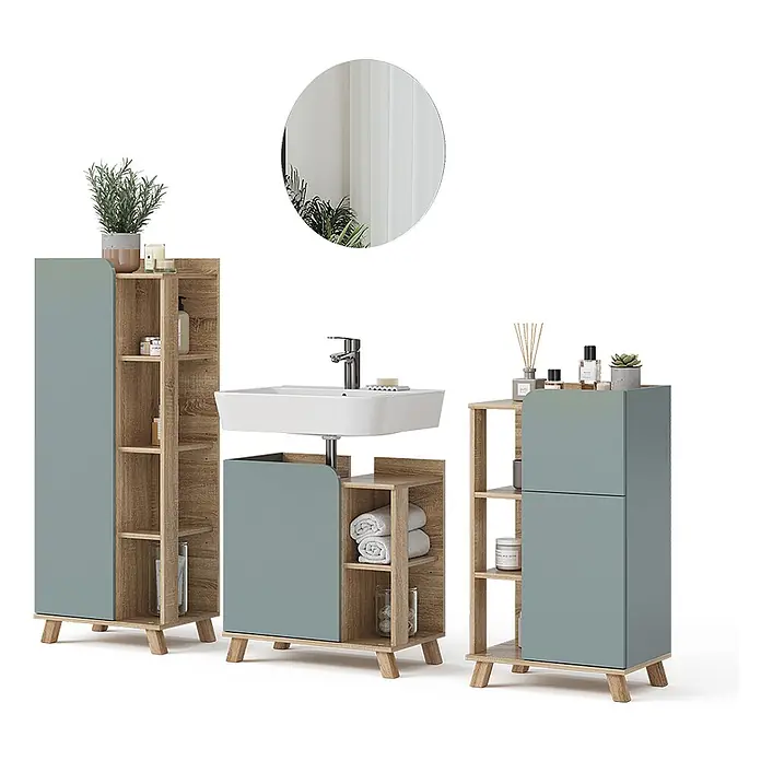 Vicco Badmöbel-Set Karen Sonoma/Blau 4 Teile - Gesamtbreite Badmöbel: 160 cm, Sonoma, Matt - Dreiteiliges Badezimmermöbel-Set aus Naturholz und Salbeigrün, mit Waschbecken, offenen und geschlossenen Fächern.