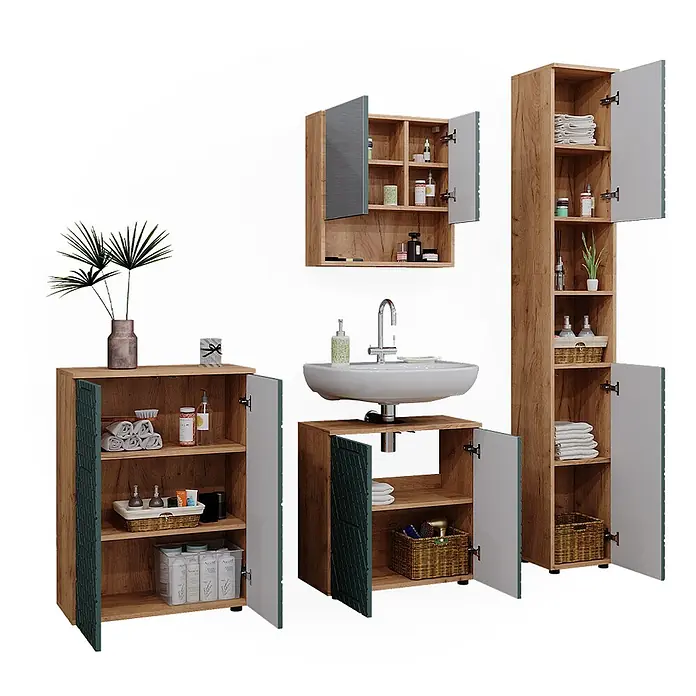 Vicco Badmöbel-Set Irma Grün/Goldkraft Eiche 4 Teile, mit Hochschrank und Kommode - Gesamtbreite Badmöbel: 150 cm, Grün, Matt - Modernes Badezimmermöbel-Set: helle Holzschränke, Hochschrank und Waschtisch mit Waschbecken, mit dunkelgrünen und grauen Türen.