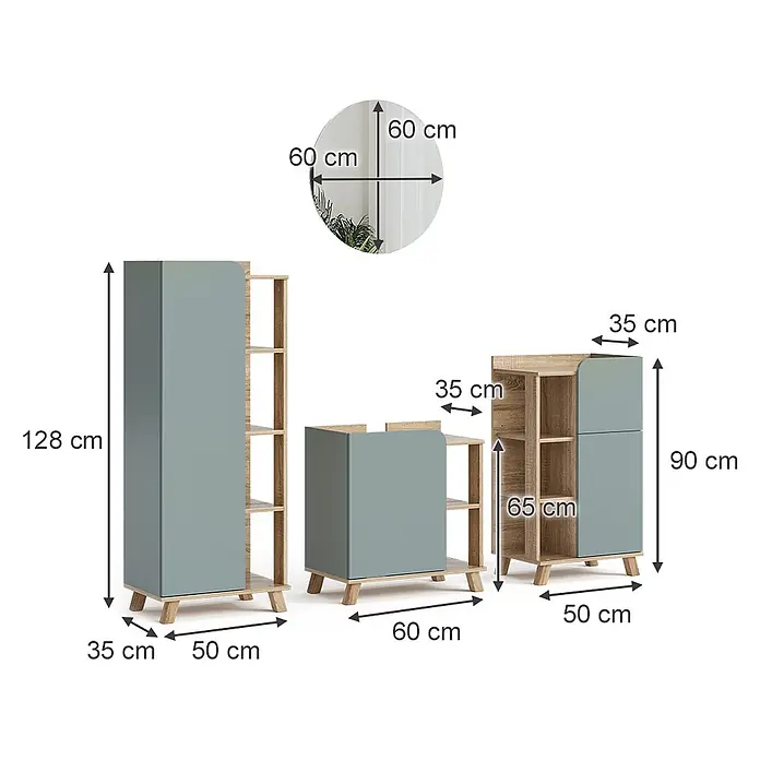 Vicco Badmöbel-Set Karen Sonoma/Blau 4 Teile - Gesamtbreite Badmöbel: 160 cm, Sonoma, Matt - Dreiteiliges Holzmöbel-Set mit hellblaugrauen Akzenten, bestehend aus Regalen und Schränken, ergänzt durch einen runden Spiegel.