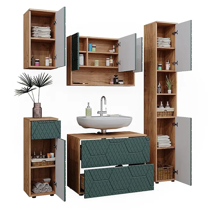 Vicco Badmöbel-Set Irma Grün/Goldkraft Eiche 5 Teile - Gesamtbreite Badmöbel: 140 cm, Grün, Matt - Badezimmermöbel-Set aus Holz mit dunkelgrünen, rautenförmig gemusterten Fronten, inkl. Waschtisch-, Wand- und Hochschränken.