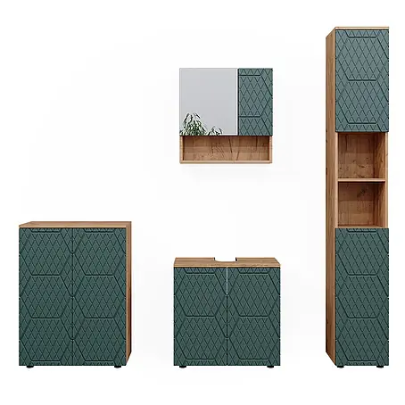 Vicco  Badmöbel-Set Irma Grün/Goldkraft Eiche 4 Teile, mit Hochschrank und Kommode