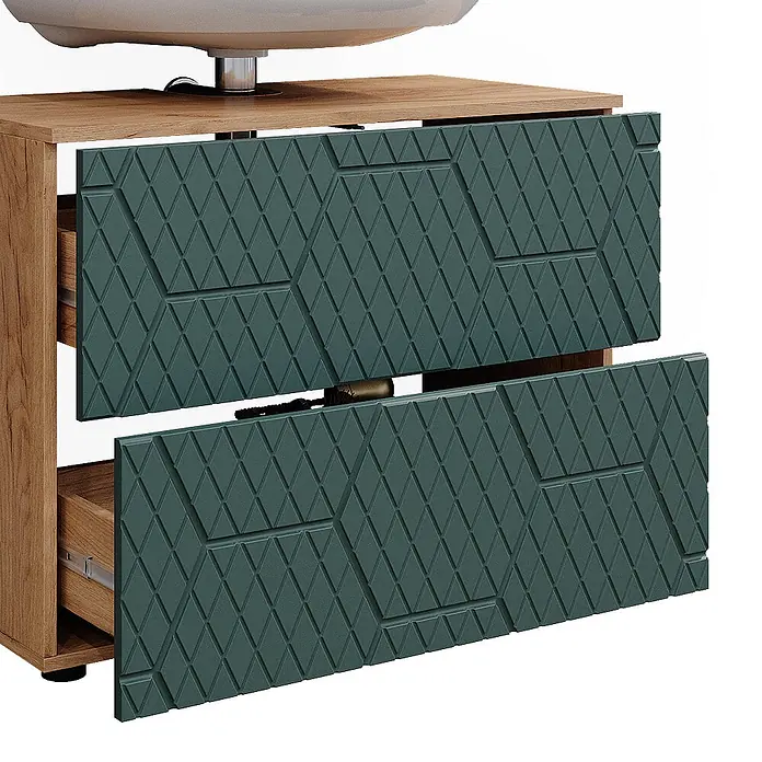 Vicco Badmöbel-Set Irma Grün/Goldkraft Eiche 5 Teile - Gesamtbreite Badmöbel: 140 cm, Grün, Matt - Hölzerner Waschtischunterschrank mit zwei teils geöffneten, dunkelgrünen Schubladen mit geometrischem Rautenmuster unter einem weißen Waschbecken.