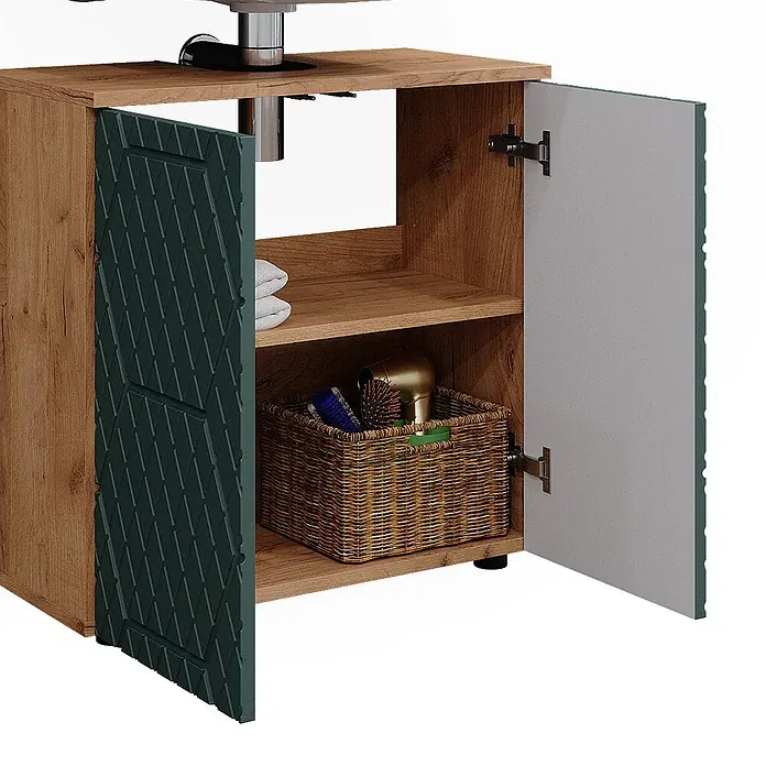 Vicco Badmöbel-Set Irma Grün/Goldkraft Eiche 3 Teile, mit Hochschrank - Gesamtbreite Badmöbel: 90 cm, Grün, Matt - Holzwaschtischunterschrank mit dunkelgrünen strukturierten Türen, offener Ablage und Stauraum für Handtücher und Haartools.