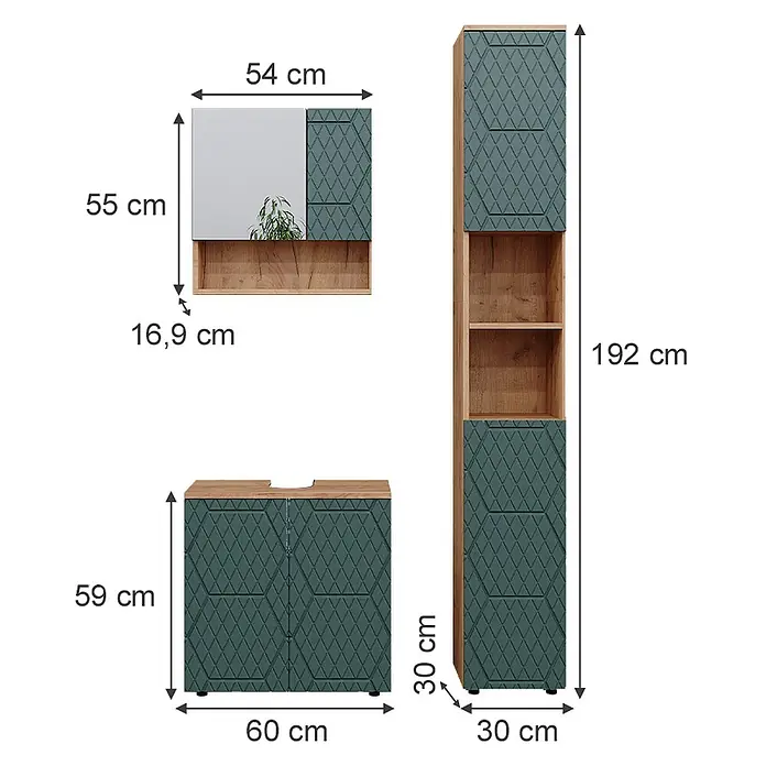 Vicco Badmöbel-Set Irma Grün/Goldkraft Eiche 3 Teile, mit Hochschrank - Gesamtbreite Badmöbel: 90 cm, Grün, Matt - Dunkeltürkises Badezimmermöbel-Set mit Rautenmuster-Türen und Holzoptik-Elementen: Spiegelschrank, Waschtisch, Hochschrank, Maße angegeben.