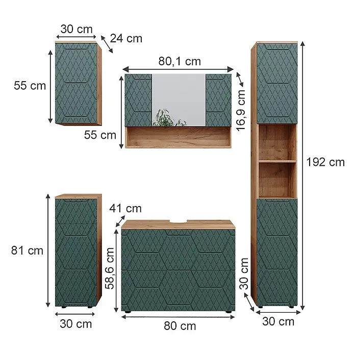 Vicco Badmöbel-Set Irma Grün/Goldkraft Eiche 5 Teile - Gesamtbreite Badmöbel: 140 cm, Grün, Matt - Modulare Badmöbel-Set in Holzoptik und Dunkelgrün mit strukturierter Front, bestehend aus Waschtischunterschrank, Schränken und Spiegelschrank.