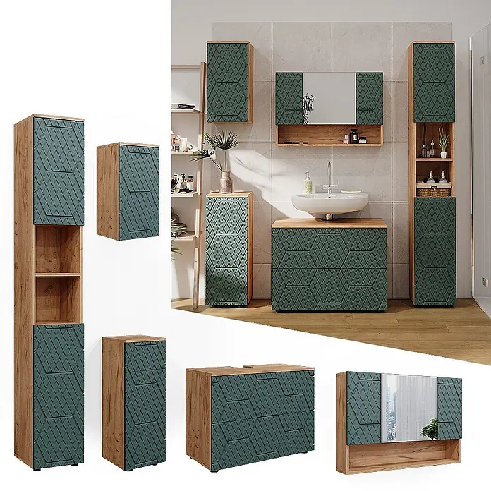 Vicco Badmöbel-Set Irma Grün/Goldkraft Eiche 5 Teile - Gesamtbreite Badmöbel: 140 cm, Grün, Matt - Badezimmermöbel-Set mit Holz-Optik-Rahmen und dunkelgrünen, texturierten Türen mit geometrischem Muster.