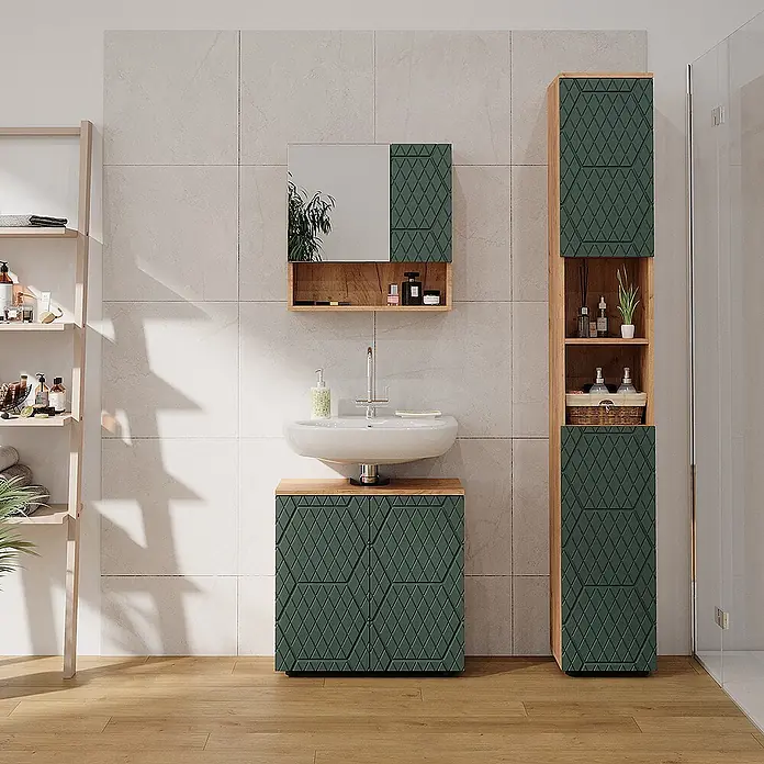 Vicco Badmöbel-Set Irma Grün/Goldkraft Eiche 3 Teile, mit Hochschrank - Gesamtbreite Badmöbel: 90 cm, Grün, Matt - Dunkelgrüner Badezimmer-Waschtisch, Spiegelschrank und Hochschrank mit hellen Holzdetails und Rautenmuster.