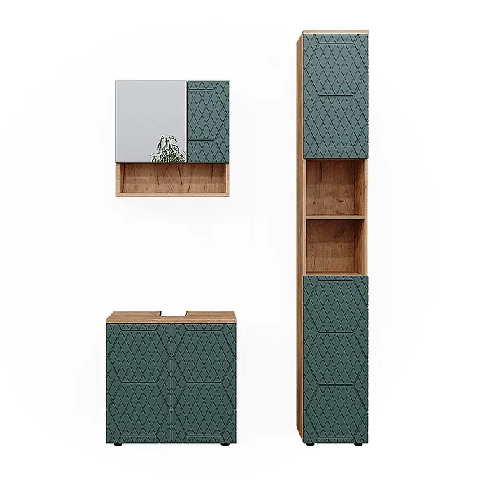 Vicco Badmöbel-Set Irma Grün/Goldkraft Eiche 3 Teile, mit Hochschrank - Gesamtbreite Badmöbel: 90 cm, Grün, Matt - Badezimmermöbel-Set in Petrol mit Rautenmuster und heller Holzoptik: Spiegelschrank, Hochschrank und Unterschrank.