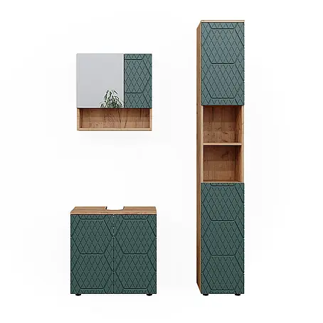 Vicco  Badmöbel-Set Irma Grün/Goldkraft Eiche 3 Teile, mit Hochschrank