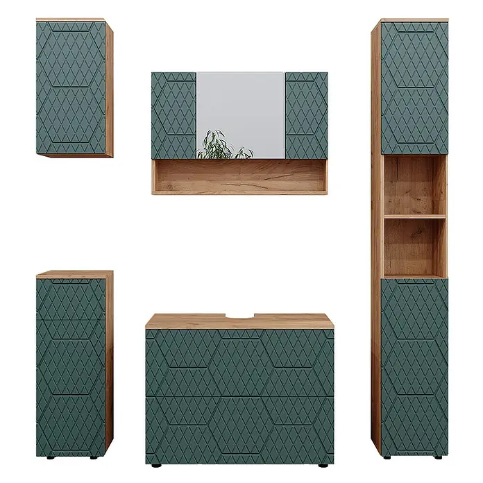 Vicco Badmöbel-Set Irma Grün/Goldkraft Eiche 5 Teile - Gesamtbreite Badmöbel: 140 cm, Grün, Matt - Modernes Badmöbel-Set mit petrolfarbenen Fronten, geometrischem Rautenmuster und hellen Holzrahmen, inkl. Waschtisch, Spiegel und Schränken.