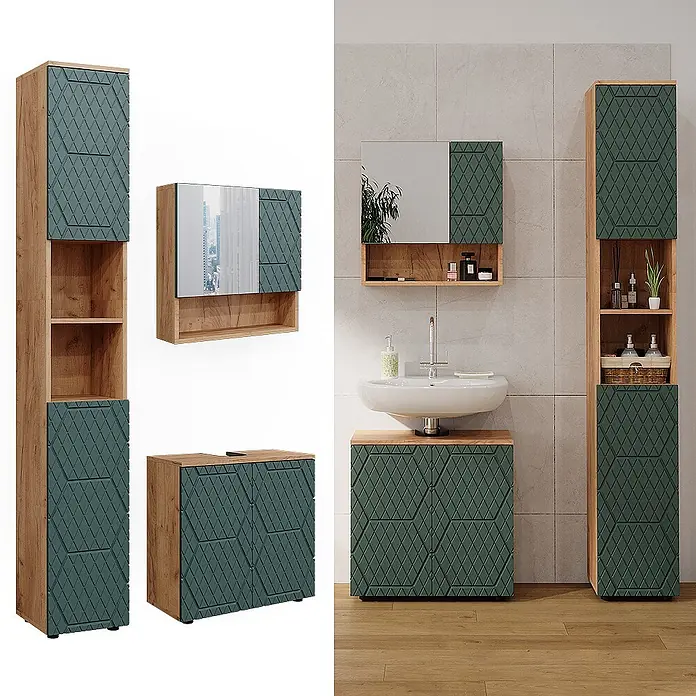 Vicco Badmöbel-Set Irma Grün/Goldkraft Eiche 3 Teile, mit Hochschrank - Gesamtbreite Badmöbel: 90 cm, Grün, Matt - Set aus drei Badmöbeln: Hochschrank, Spiegelschrank und Waschtischunterschrank. Alle mit Holzoptikrahmen und dunkelgrünen, strukturierten Türen.