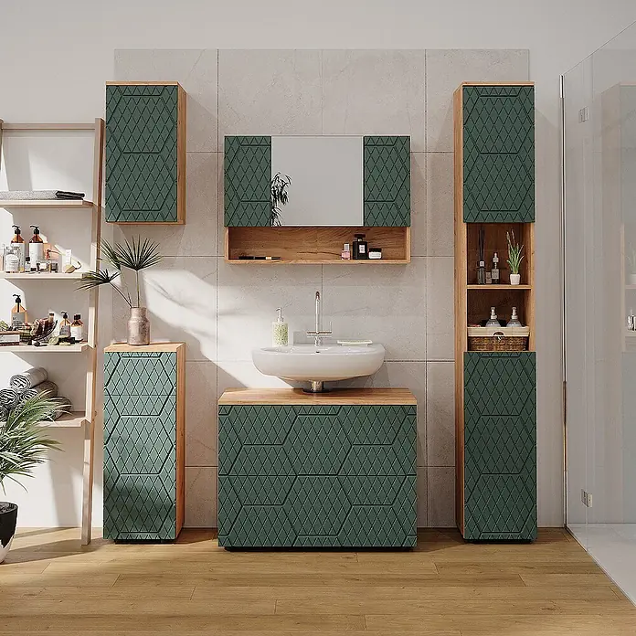 Vicco Badmöbel-Set Irma Grün/Goldkraft Eiche 5 Teile - Gesamtbreite Badmöbel: 140 cm, Grün, Matt - Grüne Badezimmermöbel mit geometrischem Muster und Holzapplikationen, bestehend aus Waschtisch mit Waschbecken, Spiegelschrank und Hochschränken.