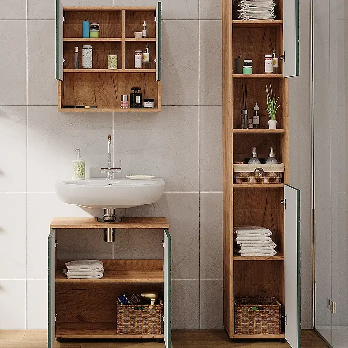 Vicco Badmöbel-Set Irma Grün/Goldkraft Eiche 3 Teile, mit Hochschrank - Gesamtbreite Badmöbel: 90 cm, Grün, Matt - Modernes Badmöbelset mit Waschbecken, hellen Holzschränken und grün-weißen Türen, bietet viel Stauraum.