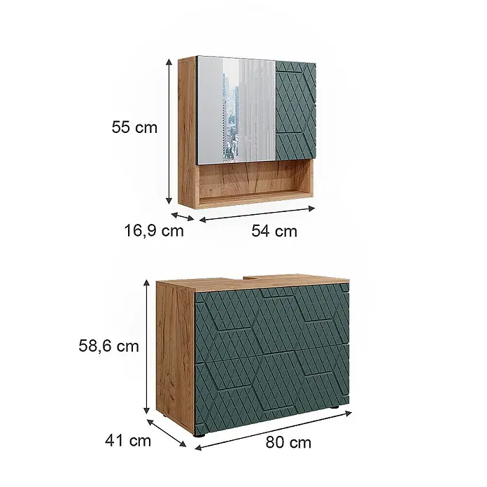 Vicco Badmöbel-Set Irma Grün/Goldkraft Eiche 2 Teile - Gesamtbreite Badmöbel: 80 cm, Grün, Matt - Badmöbel-Set: Wandspiegel-Schrank mit Ablage und eine dunkelgrüne strukturierte Waschtisch-Einheit mit zwei Schubladen.