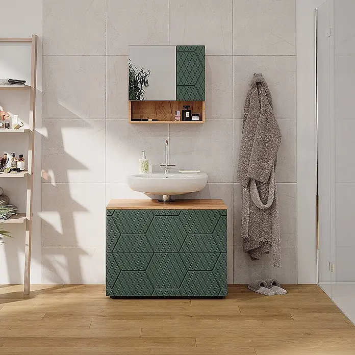 Vicco Badmöbel-Set Irma Grün/Goldkraft Eiche 2 Teile - Gesamtbreite Badmöbel: 80 cm, Grün, Matt - Dunkelgrüner Badezimmer-Waschtisch mit Rautenmuster, Holzplatte und passendem Spiegelschrank in einem modernen Bad.