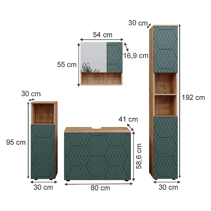 Vicco Badmöbel-Set Irma Grün 4 Teile, mit Schubladenschrank und Hochschrank - Gesamtbreite Badmöbel: 140 cm, Grün, Matt - Modernes Badmöbelset aus hellem Holz und dunkelgrünen Fronten mit Rautenmuster, inklusive Waschtisch, Hoch- und Seitenschrank sowie Spiegelschrank.