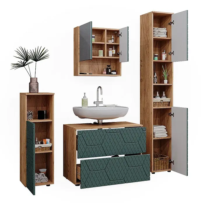 Vicco Badmöbel-Set Irma Grün 4 Teile, mit Schubladenschrank und Hochschrank - Gesamtbreite Badmöbel: 140 cm, Grün, Matt - Badezimmermöbel-Set in Holzoptik mit dunkelgrünen strukturierten Fronten: Waschtisch mit Waschbecken, Wandschrank und zwei Hochschränke.