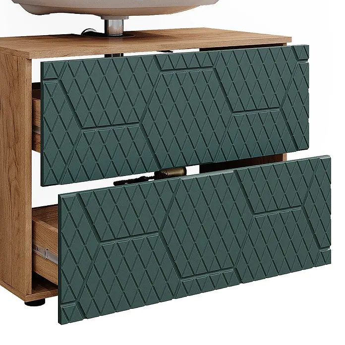 Vicco Badmöbel-Set Irma Grün/Goldkraft Eiche 2 Teile - Gesamtbreite Badmöbel: 80 cm, Grün, Matt - Hölzerner Waschtischunterschrank mit dunkelgrünen, rautenförmig gemusterten Schubladenfronten, teils geöffnet, unter einem Waschbecken.