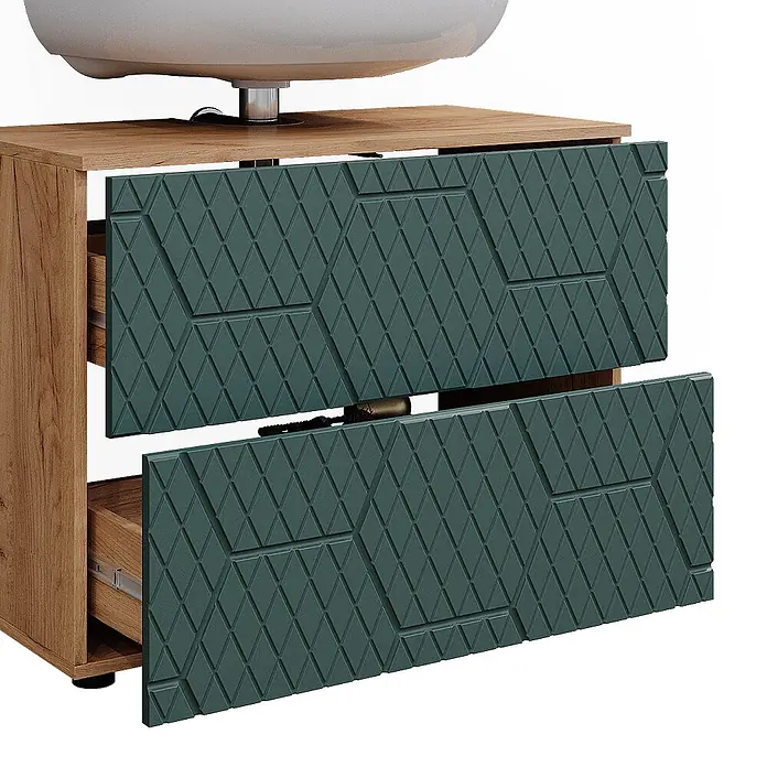 Vicco Badmöbel-Set Irma Grün 4 Teile, mit Schubladenschrank und Hochschrank - Gesamtbreite Badmöbel: 140 cm, Grün, Matt - Badezimmerschrank aus Holz mit zwei dunkelpetrolfarbenen, strukturierten Schubladen mit Rautenmuster, leicht geöffnet, unter einem weißen Waschbecken.